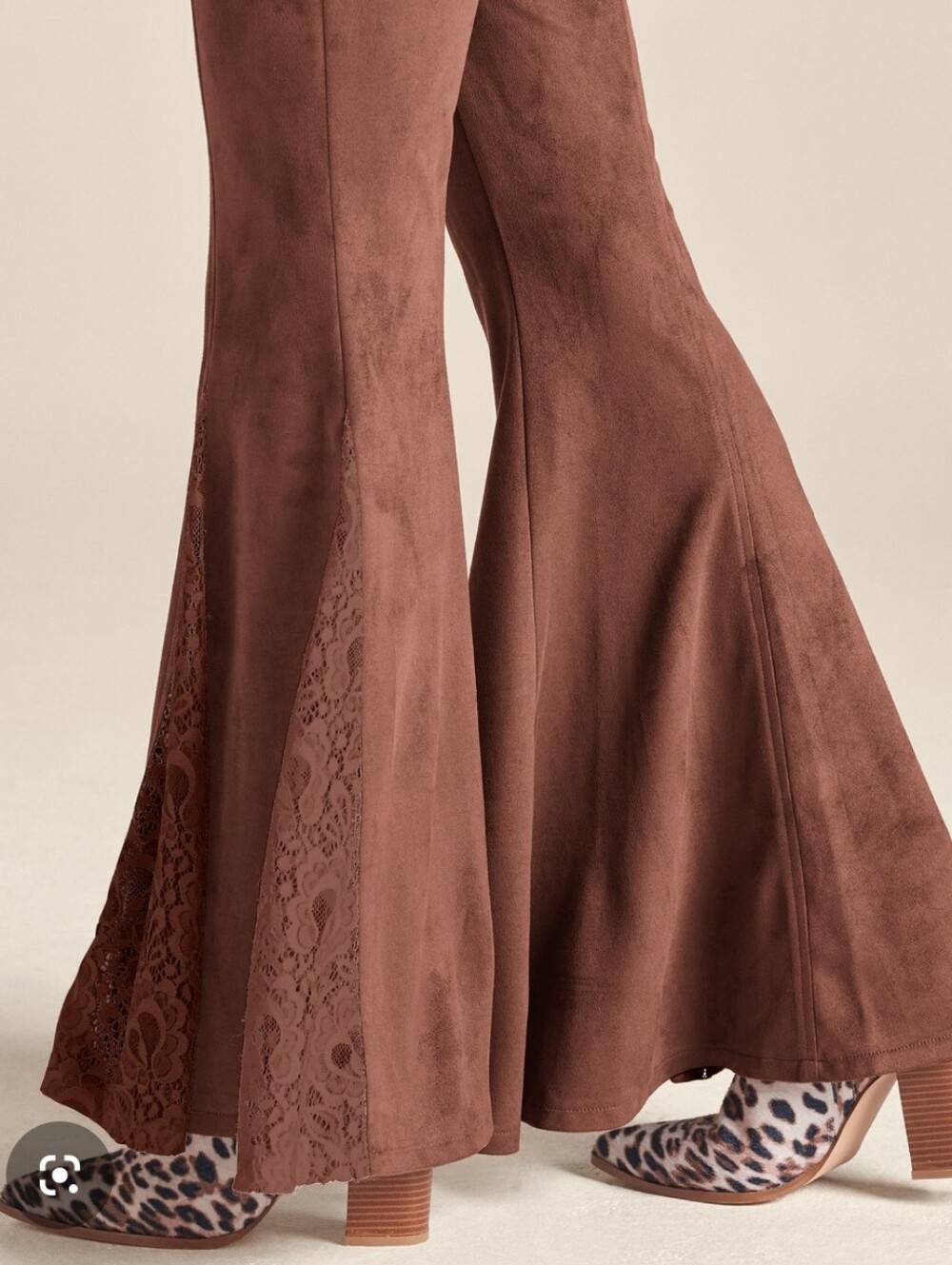 VENUS Chocolate Brown Faux Suede Flare Pants with Lace Insets
